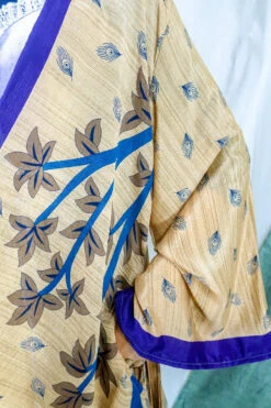 Karina Kimono Mini Dress - Vintage Sari - Peachy Peacock Print - Free Size XL -KIKIS Clothing Shop karina midi length long sleeve boho kimono wide sleeve hippie jacket handmade from recycled vintage 70s indian silky sari colourful bohemian robe by all about audrey 125