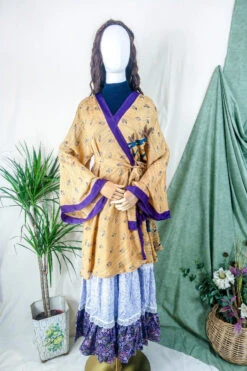 Karina Kimono Mini Dress - Vintage Sari - Peachy Peacock Print - Free Size XL -KIKIS Clothing Shop karina midi length long sleeve boho kimono wide sleeve hippie jacket handmade from recycled vintage 70s indian silky sari colourful bohemian robe by all about audrey 126