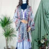 Karina Kimono Mini Dress - Vintage Sari - Silver & Fiery Blossom - Free Size XL