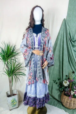 Karina Kimono Mini Dress - Vintage Sari - Silver & Fiery Blossom - Free Size XL