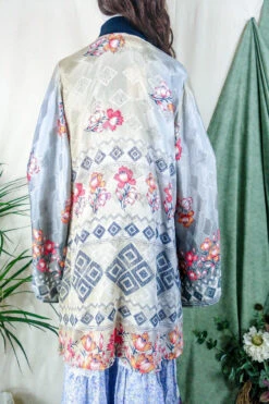 Karina Kimono Mini Dress - Vintage Sari - Silver & Fiery Blossom - Free Size XL -KIKIS Clothing Shop karina midi length long sleeve boho kimono wide sleeve hippie jacket handmade from recycled vintage 70s indian silky sari colourful bohemian robe by all about audrey 132