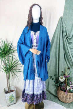 Karina Kimono Mini Dress - Vintage Sari - Prussian Blue Sunburst - Free Size XL