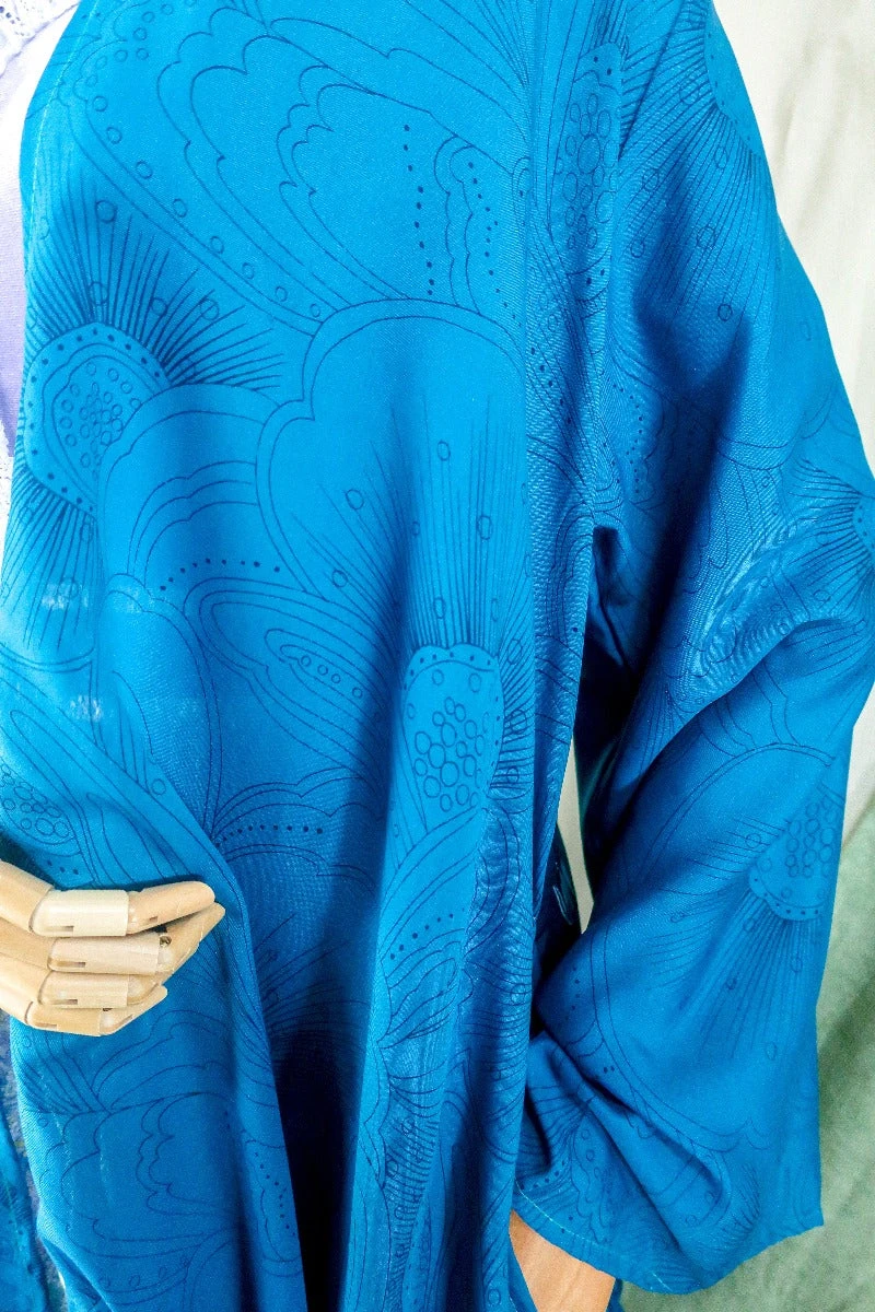 Karina Kimono Mini Dress - Vintage Sari - Prussian Blue Sunburst - Free Size XL 3 Karina Kimono Mini Dress - Vintage Sari - Prussian Blue Sunburst - Free Size XL - Image 3