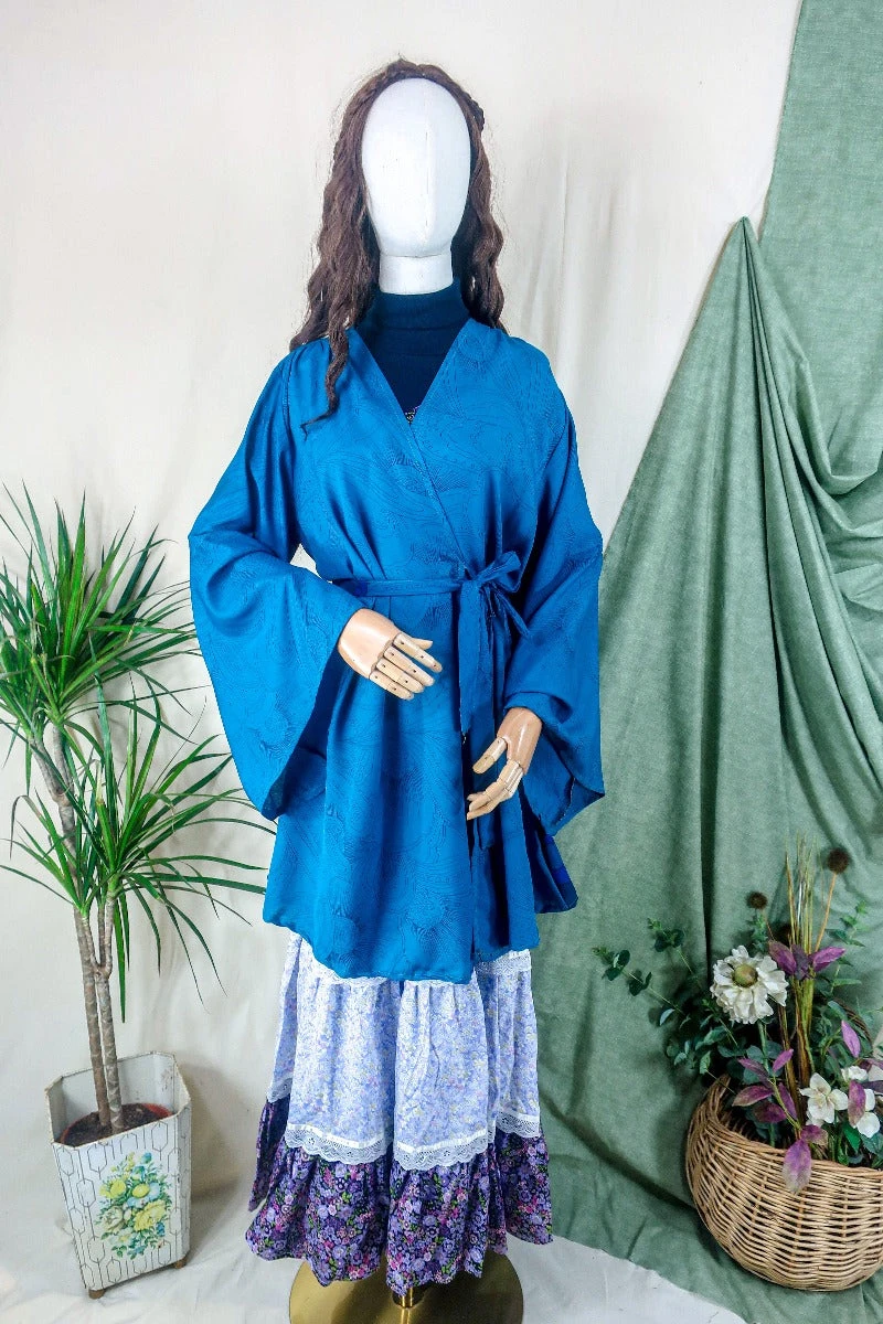 Karina Kimono Mini Dress - Vintage Sari - Prussian Blue Sunburst - Free Size XL 2 Karina Kimono Mini Dress - Vintage Sari - Prussian Blue Sunburst - Free Size XL - Image 2