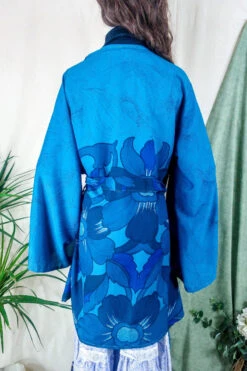 Karina Kimono Mini Dress - Vintage Sari - Prussian Blue Sunburst - Free Size XL 9 Karina Kimono Mini Dress - Vintage Sari - Prussian Blue Sunburst - Free Size XL -KIKIS Clothing Shop karina midi length long sleeve boho kimono wide sleeve hippie jacket handmade from recycled vintage 70s indian silky sari colourful bohemian robe by all about audrey 136