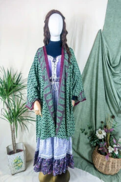 Karina Kimono Mini Dress - Vintage Sari - Sage & Ruby Dream - Free Size XXL