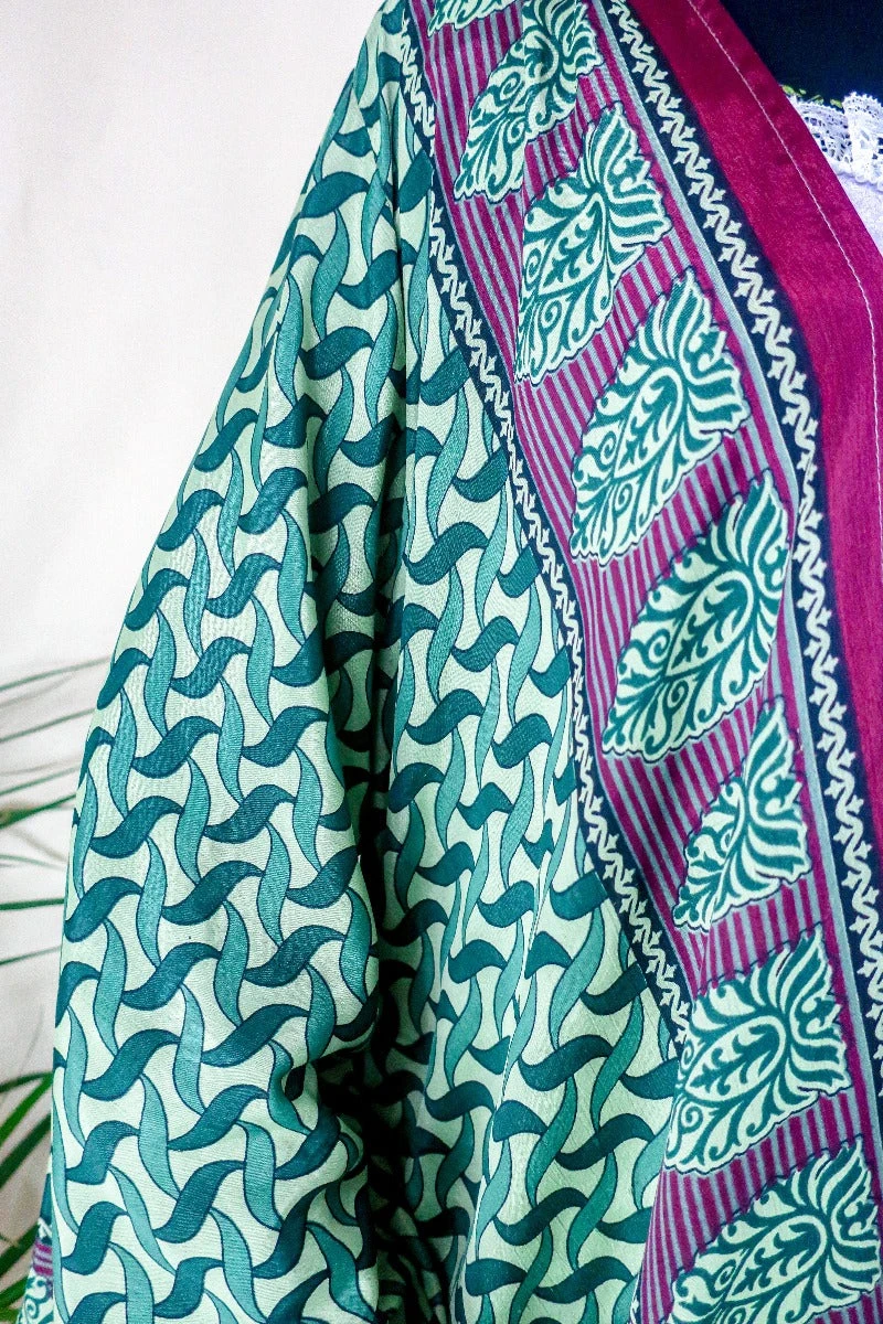 Karina Kimono Mini Dress - Vintage Sari - Sage & Ruby Dream - Free Size XXL 3 Karina Kimono Mini Dress - Vintage Sari - Sage & Ruby Dream - Free Size XXL - Image 3