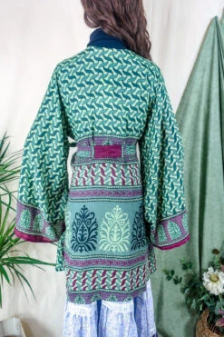 Karina Kimono Mini Dress - Vintage Sari - Sage & Ruby Dream - Free Size XXL 7 Karina Kimono Mini Dress - Vintage Sari - Sage & Ruby Dream - Free Size XXL -KIKIS Clothing Shop karina midi length long sleeve boho kimono wide sleeve hippie jacket handmade from recycled vintage 70s indian silky sari colourful bohemian robe by all about audrey 140