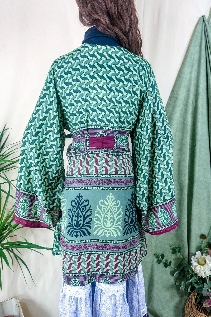 Karina Kimono Mini Dress - Vintage Sari - Sage & Ruby Dream - Free Size XXL 4 Karina Kimono Mini Dress - Vintage Sari - Sage & Ruby Dream - Free Size XXL - Image 4