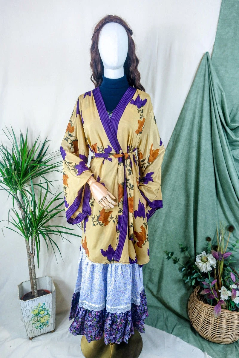 Karina Kimono Mini Dress - Vintage Sari - Honey Rose Wildflower - Free Size XL 1 Karina Kimono Mini Dress - Vintage Sari - Honey Rose Wildflower - Free Size XL