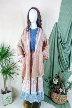 Karina Kimono Mini Dress - Vintage Sari - Retro Daisy Tapestry - Free Size M