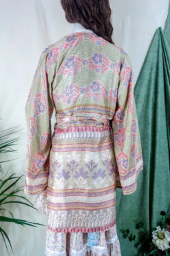 Karina Kimono Mini Dress - Vintage Sari - Retro Daisy Tapestry - Free Size M -KIKIS Clothing Shop karina midi length long sleeve boho kimono wide sleeve hippie jacket handmade from recycled vintage 70s indian silky sari colourful bohemian robe by all about audrey 148