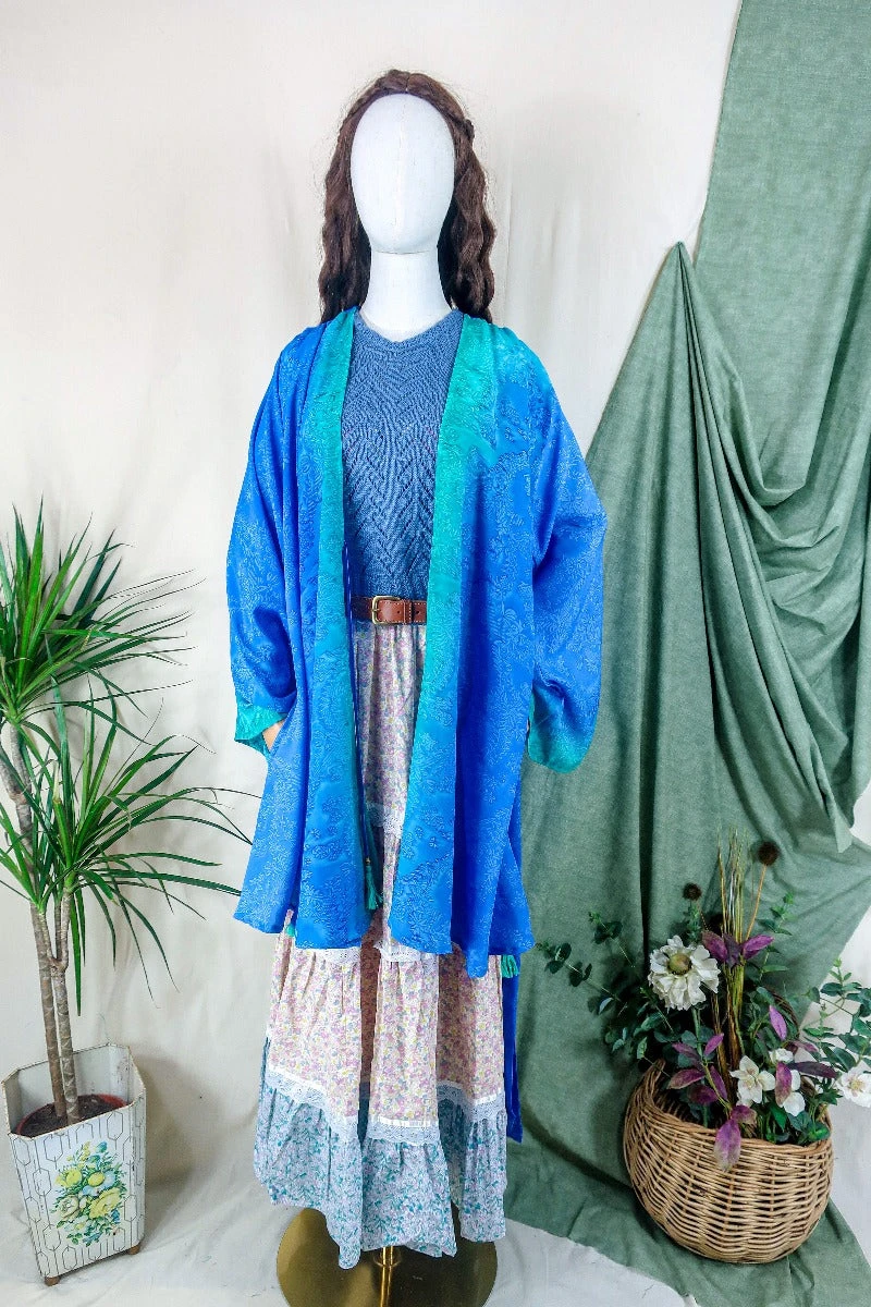 Karina Kimono Mini Dress - Vintage Sari - Mermaid Blue Floral - Free Size XL 1 Karina Kimono Mini Dress - Vintage Sari - Mermaid Blue Floral - Free Size XL