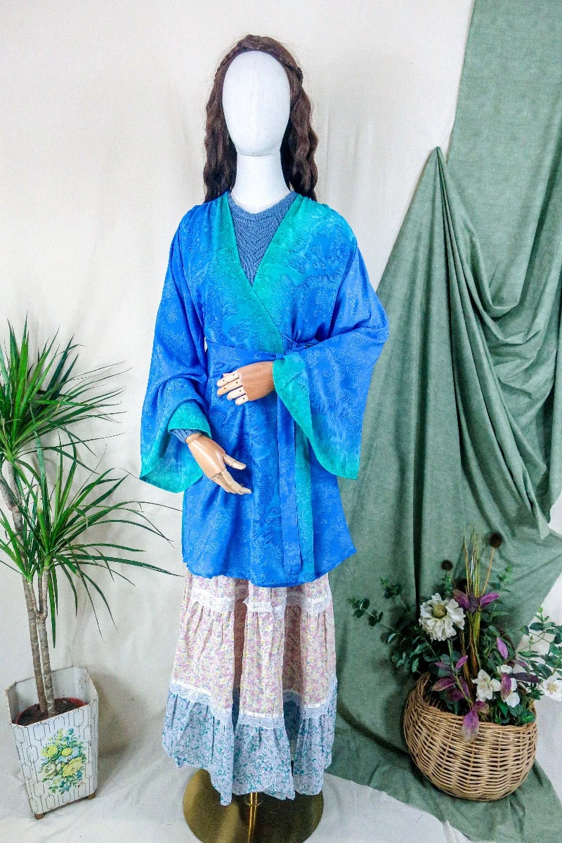 Karina Kimono Mini Dress - Vintage Sari - Mermaid Blue Floral - Free Size XL 2 Karina Kimono Mini Dress - Vintage Sari - Mermaid Blue Floral - Free Size XL - Image 2