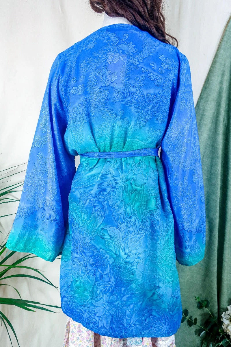 Karina Kimono Mini Dress - Vintage Sari - Mermaid Blue Floral - Free Size XL 4 Karina Kimono Mini Dress - Vintage Sari - Mermaid Blue Floral - Free Size XL - Image 4