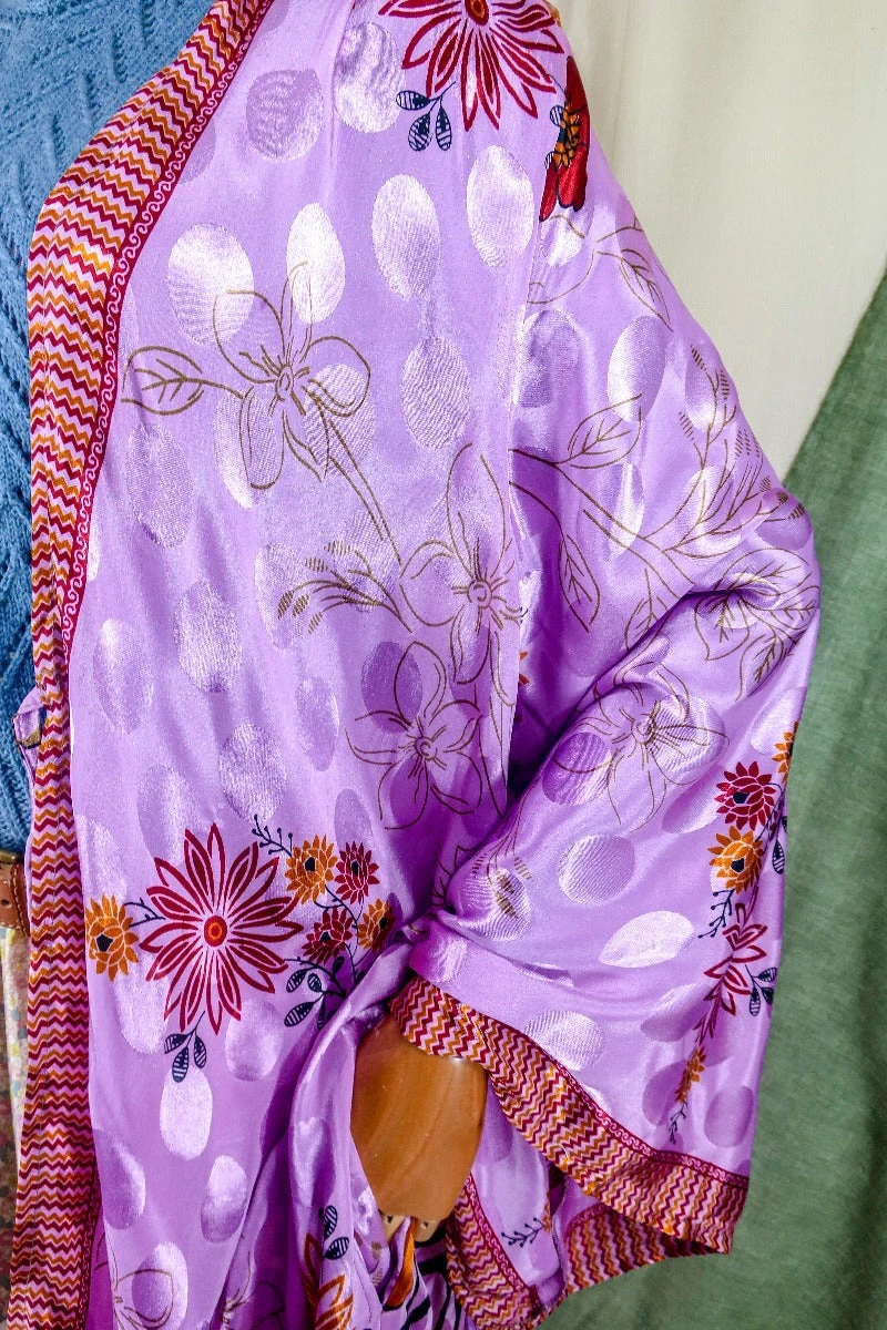 Karina Kimono Mini Dress - Vintage Sari - Garden Cosmos Floral - Free Size XL 3 Karina Kimono Mini Dress - Vintage Sari - Garden Cosmos Floral - Free Size XL - Image 3