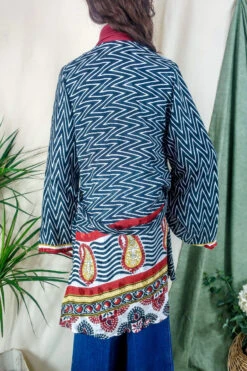 Karina Kimono Mini Dress - Vintage Sari - Midnight Chevron & Red Paisley - Free Size S/M -KIKIS Clothing Shop karina midi length long sleeve boho kimono wide sleeve hippie jacket handmade from recycled vintage 70s indian silky sari colourful bohemian robe by all about audrey 16