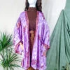 Karina Kimono Mini Dress - Vintage Sari - Garden Cosmos Floral - Free Size XL