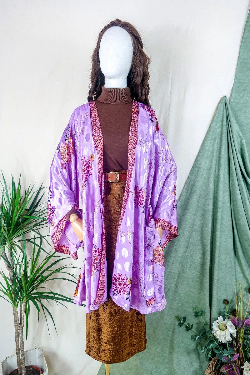 Karina Kimono Mini Dress - Vintage Sari - Garden Cosmos Floral - Free Size XL 1 Karina Kimono Mini Dress - Vintage Sari - Garden Cosmos Floral - Free Size XL