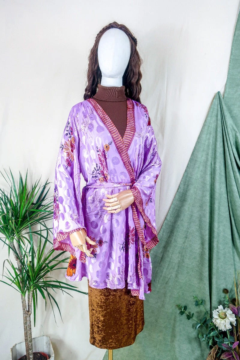 Karina Kimono Mini Dress - Vintage Sari - Garden Cosmos Floral - Free Size XL 2 Karina Kimono Mini Dress - Vintage Sari - Garden Cosmos Floral - Free Size XL - Image 2