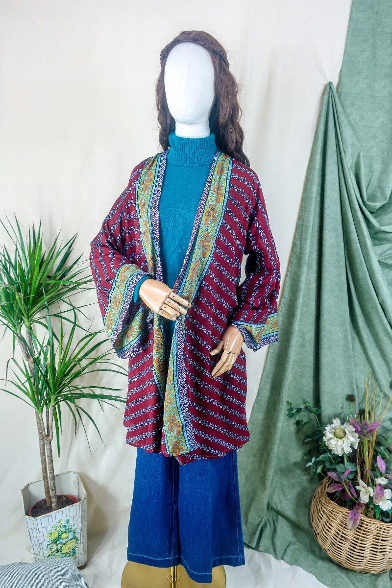Karina Kimono Mini Dress - Vintage Sari - Burgundy & Dark Lime Paisley - Free Size S/M 2 Karina Kimono Mini Dress - Vintage Sari - Burgundy & Dark Lime Paisley - Free Size S/M - Image 2