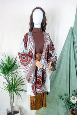 Karina Kimono Mini Dress - Vintage Sari - Ivory & Rust Spots - Free Size XL