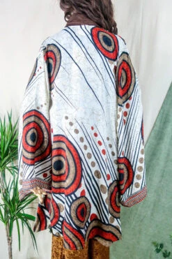Karina Kimono Mini Dress - Vintage Sari - Ivory & Rust Spots - Free Size XL -KIKIS Clothing Shop karina midi length long sleeve boho kimono wide sleeve hippie jacket handmade from recycled vintage 70s indian silky sari colourful bohemian robe by all about audrey 176