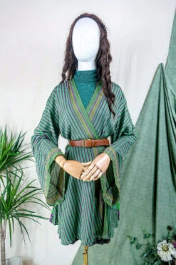 Karina Kimono Mini Dress - Vintage Sari - Hippie Green Pinstripe - Free Size M