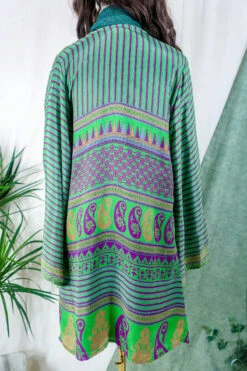 Karina Kimono Mini Dress - Vintage Sari - Hippie Green Pinstripe - Free Size M -KIKIS Clothing Shop karina midi length long sleeve boho kimono wide sleeve hippie jacket handmade from recycled vintage 70s indian silky sari colourful bohemian robe by all about audrey 183