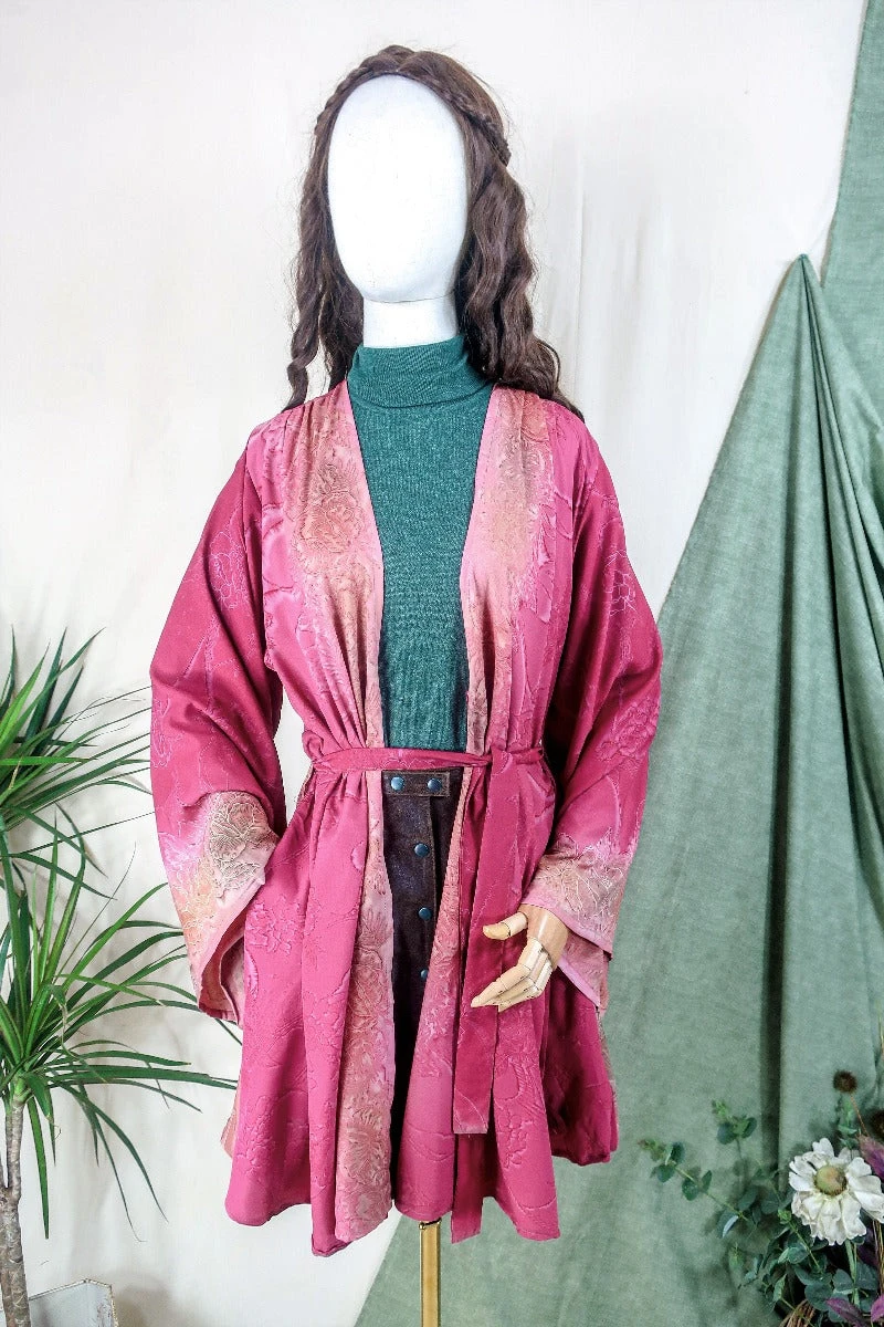 Karina Kimono Mini Dress - Vintage Sari - Rose Acid Wash Floral - Free Size XL 2 Karina Kimono Mini Dress - Vintage Sari - Rose Acid Wash Floral - Free Size XL - Image 2