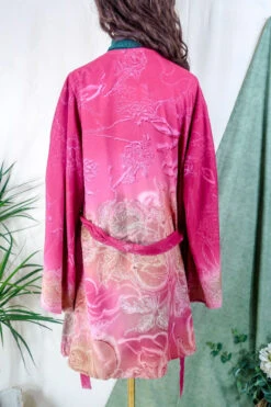 Karina Kimono Mini Dress - Vintage Sari - Rose Acid Wash Floral - Free Size XL 8 Karina Kimono Mini Dress - Vintage Sari - Rose Acid Wash Floral - Free Size XL -KIKIS Clothing Shop karina midi length long sleeve boho kimono wide sleeve hippie jacket handmade from recycled vintage 70s indian silky sari colourful bohemian robe by all about audrey 191
