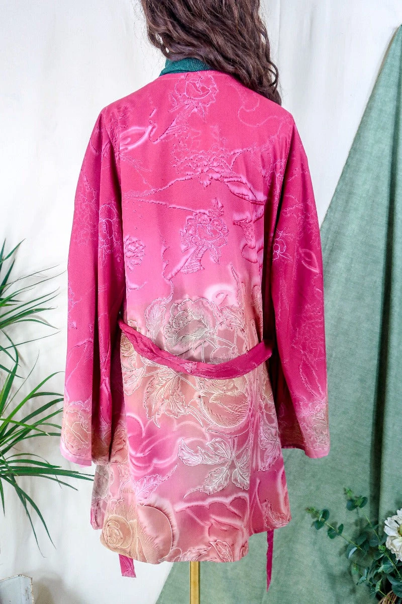 Karina Kimono Mini Dress - Vintage Sari - Rose Acid Wash Floral - Free Size XL 4 Karina Kimono Mini Dress - Vintage Sari - Rose Acid Wash Floral - Free Size XL - Image 4
