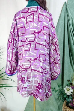 Karina Kimono Mini Dress - Vintage Sari - Geometric Dusted Rose - Free Size XL 12 Karina Kimono Mini Dress - Vintage Sari - Geometric Dusted Rose - Free Size XL -KIKIS Clothing Shop karina midi length long sleeve boho kimono wide sleeve hippie jacket handmade from recycled vintage 70s indian silky sari colourful bohemian robe by all about audrey 195