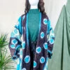 Karina Kimono Mini Dress - Vintage Sari - Aqua & Umber Apple Print - Free Size M/L