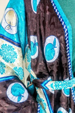 Karina Kimono Mini Dress - Vintage Sari - Aqua & Umber Apple Print - Free Size M/L -KIKIS Clothing Shop karina midi length long sleeve boho kimono wide sleeve hippie jacket handmade from recycled vintage 70s indian silky sari colourful bohemian robe by all about audrey 199