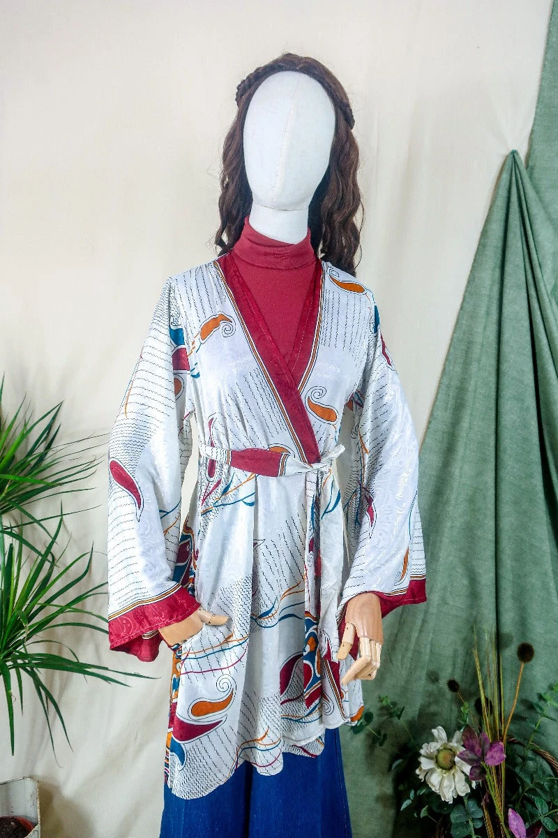 Karina Kimono Mini Dress - Vintage Sari - Jasmine White Graphic Paisley - Free Size M/L 2 Karina Kimono Mini Dress - Vintage Sari - Jasmine White Graphic Paisley - Free Size M/L - Image 2