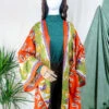 Karina Kimono Mini Dress - Vintage Sari - Pumpkin Orange Peacocks - Free Size XL