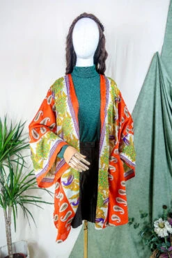 Karina Kimono Mini Dress - Vintage Sari - Pumpkin Orange Peacocks - Free Size XL