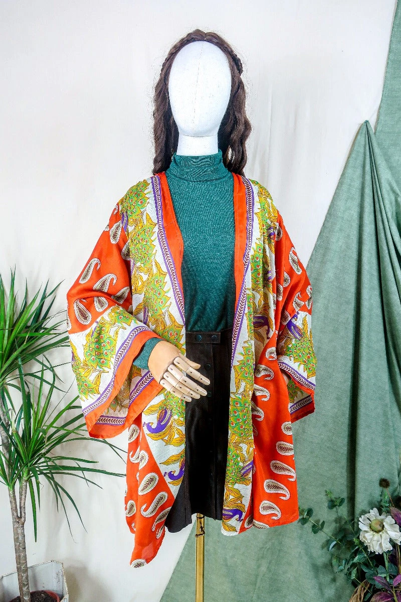 Karina Kimono Mini Dress - Vintage Sari - Pumpkin Orange Peacocks - Free Size XL 1 Karina Kimono Mini Dress - Vintage Sari - Pumpkin Orange Peacocks - Free Size XL