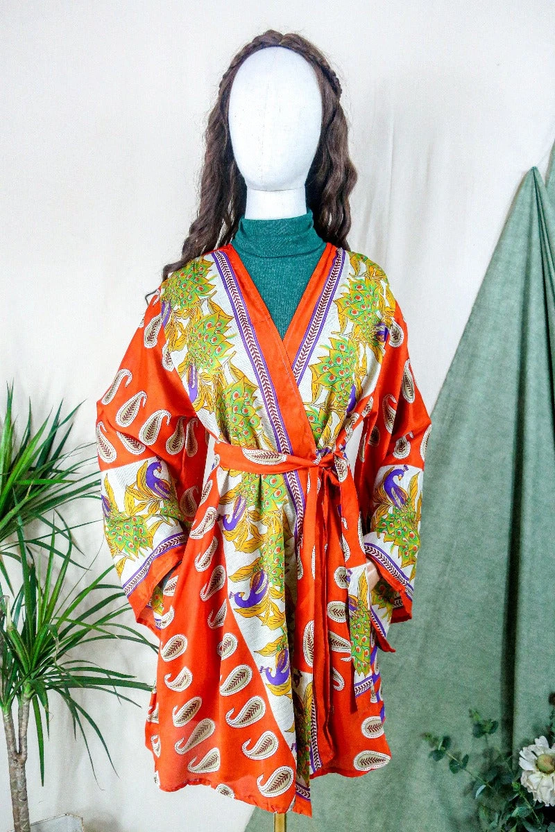 Karina Kimono Mini Dress - Vintage Sari - Pumpkin Orange Peacocks - Free Size XL 2 Karina Kimono Mini Dress - Vintage Sari - Pumpkin Orange Peacocks - Free Size XL - Image 2
