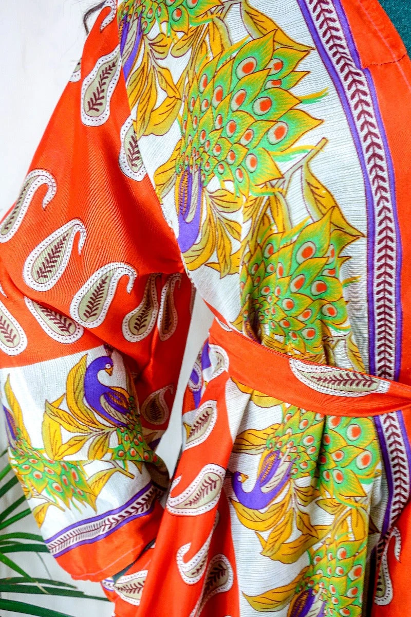 Karina Kimono Mini Dress - Vintage Sari - Pumpkin Orange Peacocks - Free Size XL 3 Karina Kimono Mini Dress - Vintage Sari - Pumpkin Orange Peacocks - Free Size XL - Image 3