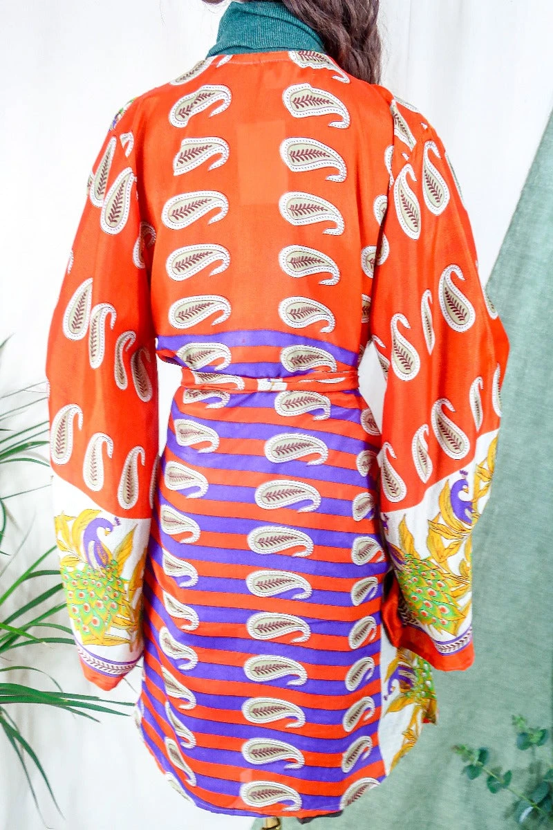 Karina Kimono Mini Dress - Vintage Sari - Pumpkin Orange Peacocks - Free Size XL 4 Karina Kimono Mini Dress - Vintage Sari - Pumpkin Orange Peacocks - Free Size XL - Image 4