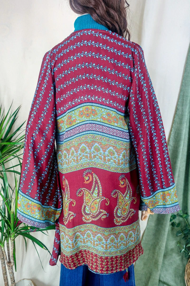 Karina Kimono Mini Dress - Vintage Sari - Burgundy & Dark Lime Paisley - Free Size S/M 4 Karina Kimono Mini Dress - Vintage Sari - Burgundy & Dark Lime Paisley - Free Size S/M - Image 4
