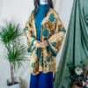 Karina Kimono Mini Dress - Vintage Sari - Golden, Rust & Teal Daisies - Free Size S/M