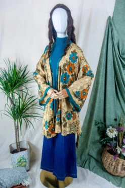 Karina Kimono Mini Dress - Vintage Sari - Golden, Rust & Teal Daisies - Free Size S/M