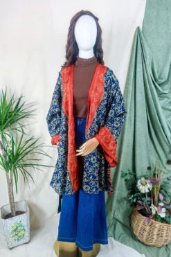 Karina Kimono Mini Dress - Vintage Sari - Indigo & Rust Block Print - Free Size M