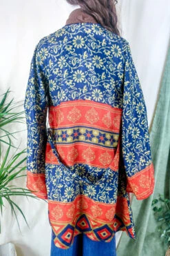 Karina Kimono Mini Dress - Vintage Sari - Indigo & Rust Block Print - Free Size M -KIKIS Clothing Shop karina midi length long sleeve boho kimono wide sleeve hippie jacket handmade from recycled vintage 70s indian silky sari colourful bohemian robe by all about audrey 33