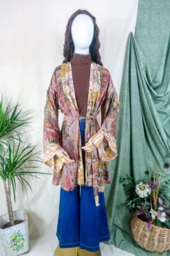 Karina Kimono Mini Dress - Vintage Sari - Earthy Mauve Abstract - Free Size S