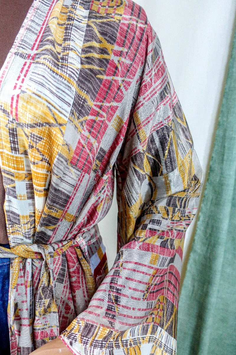 Karina Kimono Mini Dress - Vintage Sari - Earthy Mauve Abstract - Free Size S 3 Karina Kimono Mini Dress - Vintage Sari - Earthy Mauve Abstract - Free Size S - Image 3