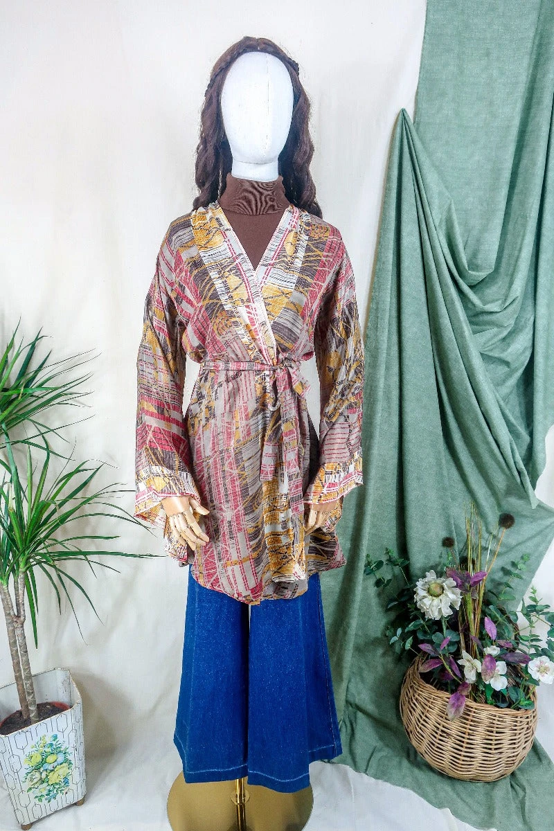 Karina Kimono Mini Dress - Vintage Sari - Earthy Mauve Abstract - Free Size S 2 Karina Kimono Mini Dress - Vintage Sari - Earthy Mauve Abstract - Free Size S - Image 2